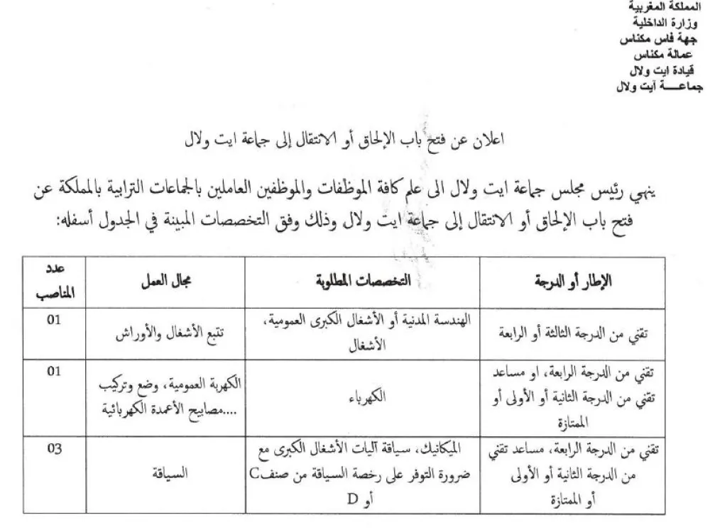  اعلان عن فتح باب الإلحاق أو الانتقال إلى جماعة ايت ولال